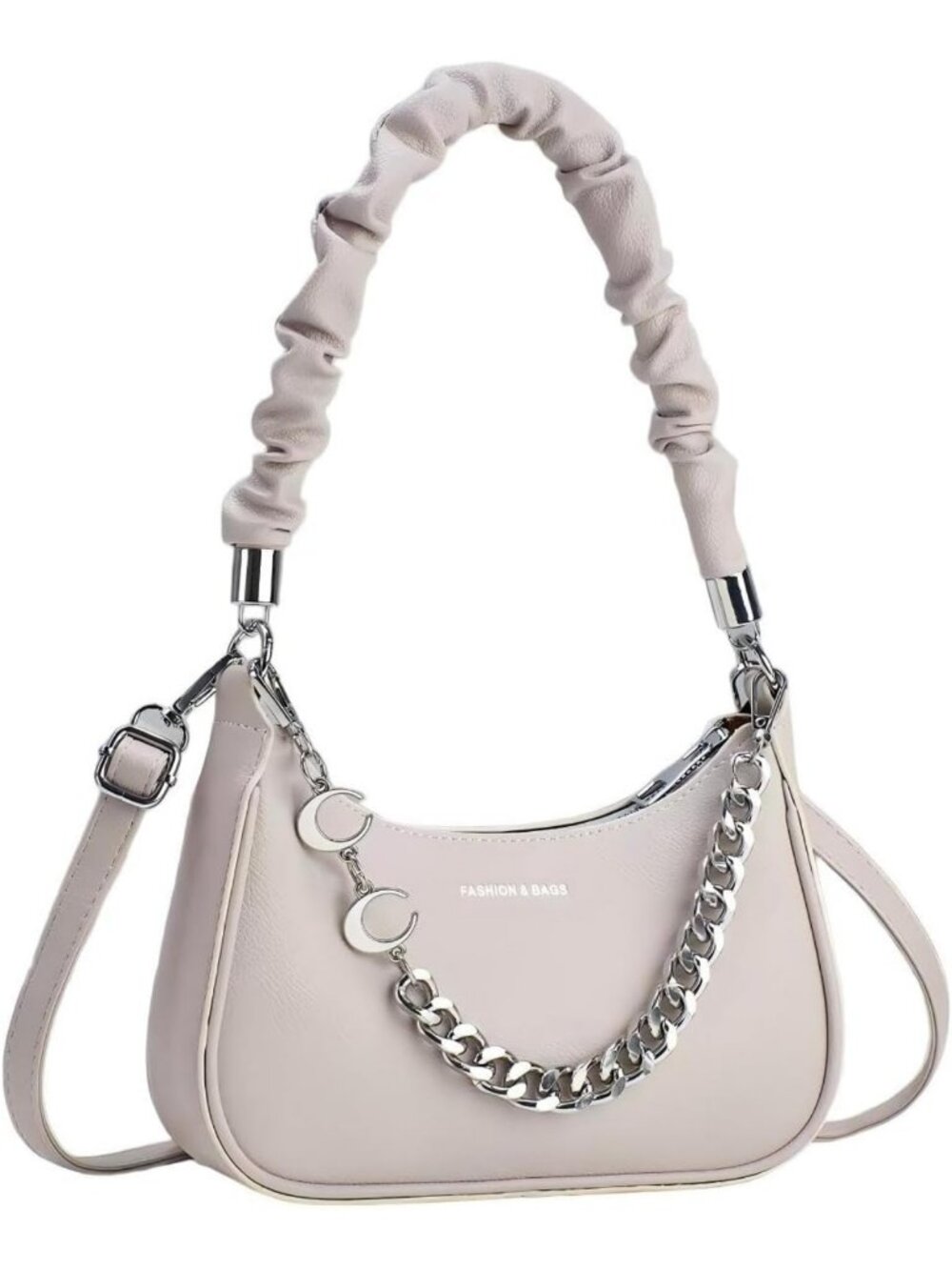 Stylish Ruched Handle Shoulder Bag | Crescent Chain Hobo Crossbody Purse